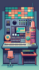 A computer studio with a keyboard, a laptop, and a mouse. The studio is designed to be a creative space for music production