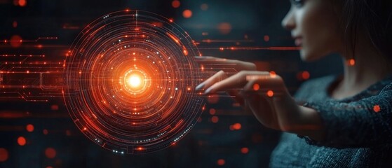 A holographic display is interacted with by a person.