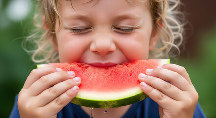 Close-up of a child eating a piece of watermelon