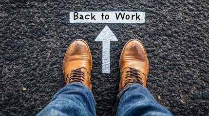 Person's Feet in Brown Boots Facing "Back to Work" Arrow on Asphalt Road; Return to Office, Career, Employment Concept