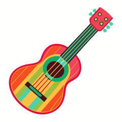 A colorful guitar with a blue stripe on it. The guitar is sitting on a white background. The guitar is a bright and cheerful object that is likely meant to evoke a sense of happiness and positivity