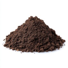 A pile of dark brown nutrient rich soil with visible organic matter isolated on white background