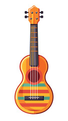 Obraz premium A colorful guitar with a blue stripe on it. The guitar is sitting on a white background. The guitar is a bright and cheerful object that is likely meant to evoke a sense of happiness and positivity