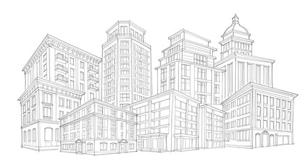 Fototapeta premium Hand-drawn line art illustration of a cityscape with various architectural buildings and urban structures