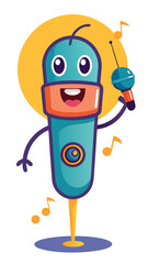 A cartoon character holding a microphone and a maraca. The character is smiling and he is having fun