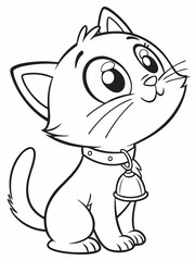 Fototapeta premium A curious cartoon kitten with big round eyes and a tiny bell on its collar. Simple black-and-white line art, perfect for young kids to color