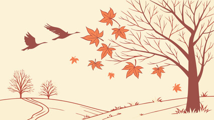 Autumn migration of geese and falling maple leaves from a tree isolated on white background © VectoCard