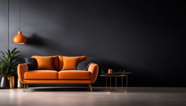 orange chair in living room interior design dark sofa with dark wall background