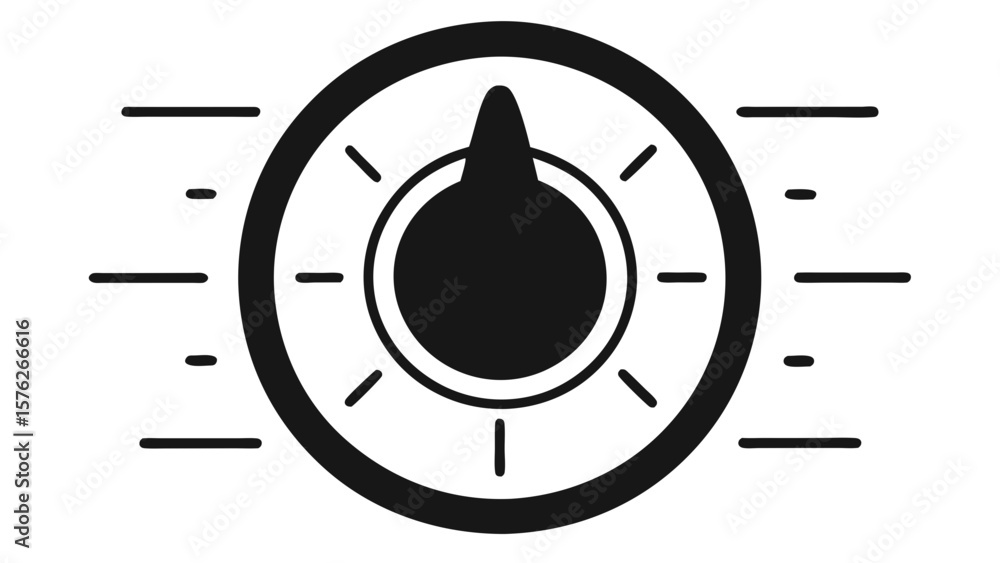Poster a black and white image of a dial with a sun on it. the dial is a knob that is used to turn a dial