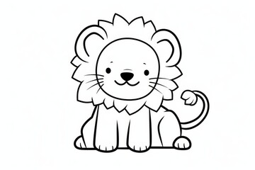 Obraz premium Cute cartoon lion icon in simple black line art, thick outline vector doodle of sitting baby lion for children’s coloring book