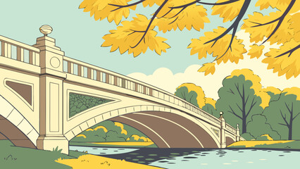 Elegant arch bridge over river with autumn trees isolated on white background