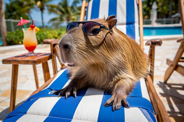 A capybara lies on a lounge chair relaxing peacefully while enjoying a colorful cocktail under the warm sun..