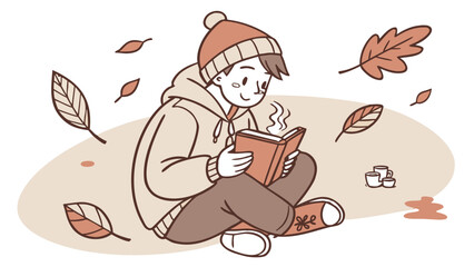 Cozy person reading a book surrounded by autumn leaves isolated on white background