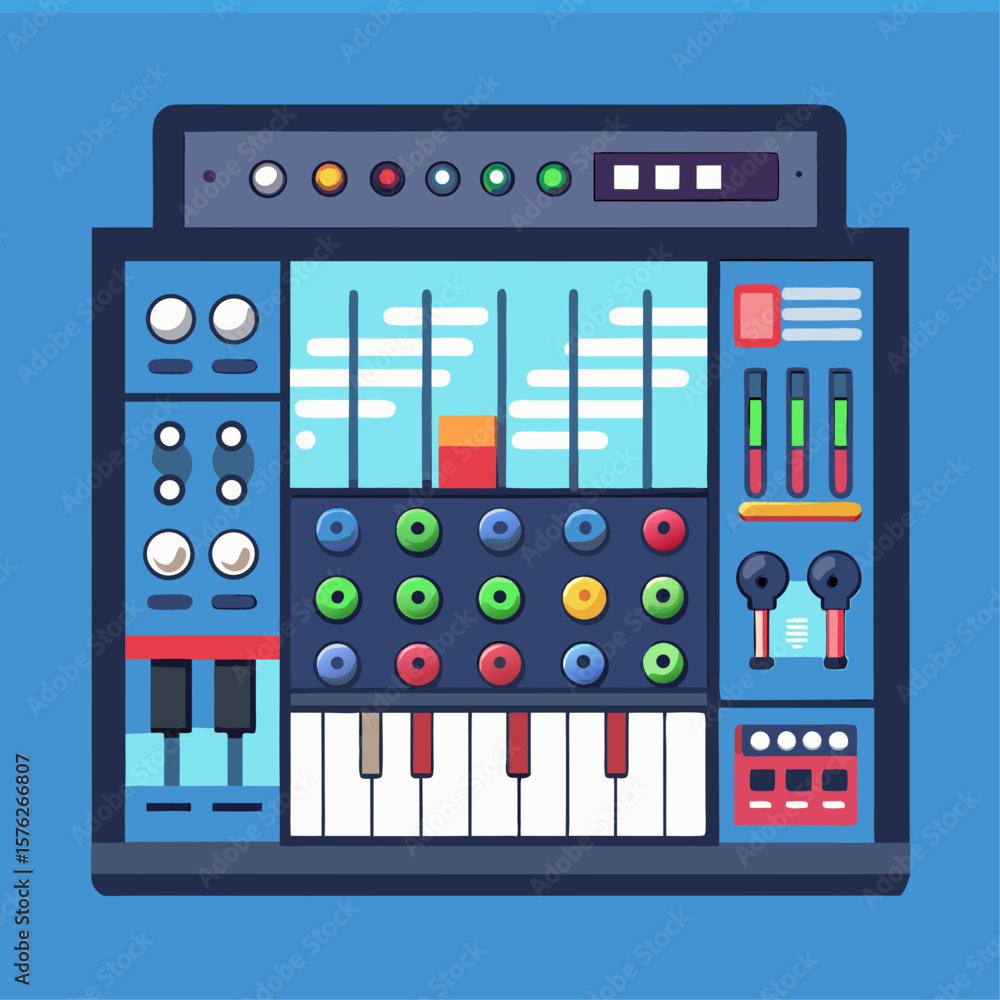 Poster a colorful electronic keyboard with a blue background. the keyboard has a lot of buttons and a lot o