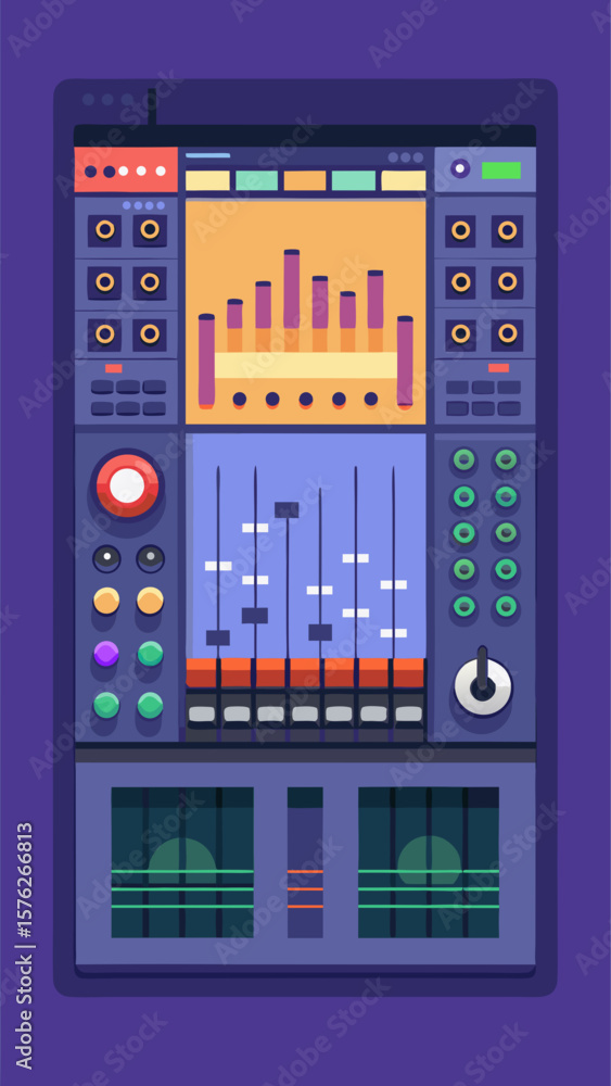 Poster a colorful electronic keyboard with a blue background. the keyboard has a lot of buttons and a lot o