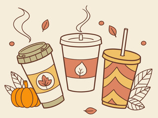 Three autumn themed coffee cups with pumpkin and leaves isolated on white background