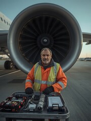 Hispanic Aircraft Maintenance Engineer Inspecting Jet Engine