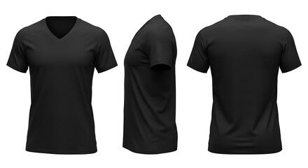 Black vneck tshirt shown from front, side, and back views isolated on white