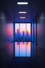 Photo of modern corridor with dramatic lighting and city skyline view