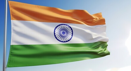 The Indian national flag waving against a clear blue sky, showcasing the saffron, white, and green colors.