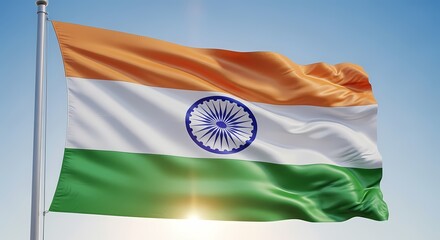 Indian flag waving proudly in a clear blue sky, bathed in sunlight.