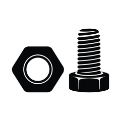 Black silhouette of a bolt and nut isolated on white background