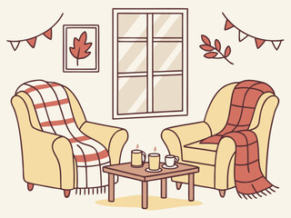 Cozy autumn living room scene with two armchairs and a coffee table