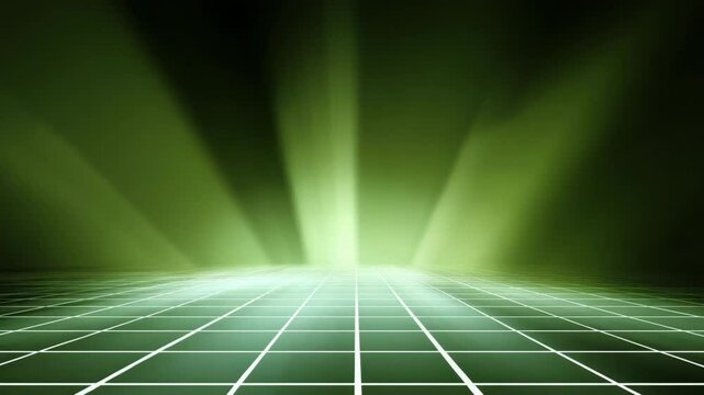square grid green neon light grid floor with burst light as background, stage background