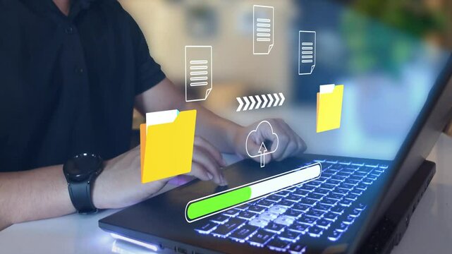 Cloud Computing. file transfer holographic AI technology icon, backup storage, artificial intelligence, cloud storage technology concept