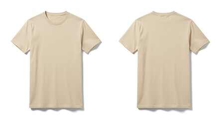 Front and back view of a plain beige tshirt isolated on white background