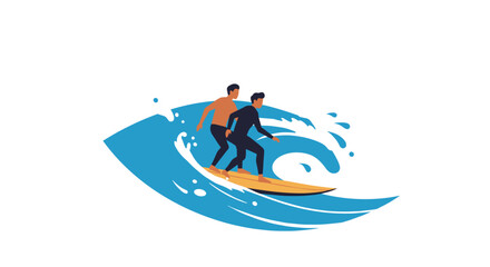 Tandem surfing. Two surfers riding a wave together in an active ocean scene  