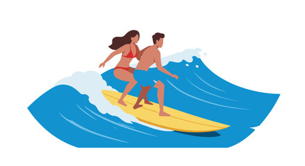 Tandem surfing. Young couple surfing together on blue ocean waves  