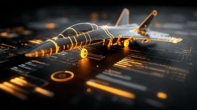 military airplane hologram model on digital futuristic platform 