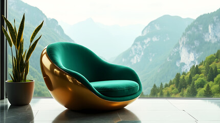 Rounded luxury chair with golden frame beside indoor potted plant and misty hills under bright sky backdrop