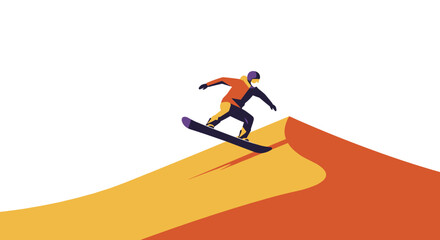 Fototapeta premium Young man Sandboarding down orange sand dunes in desert