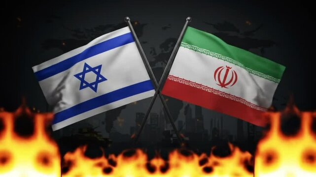 Crossed flags of Iran and Israel with fire below symbolizing intense rivalry and political heat