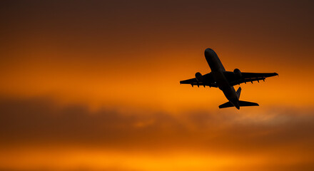 A silhouette of an airplane gracefully ascends against a vivid, fiery sunset sky, signifying a journey's beginning or a successful voyage's end.