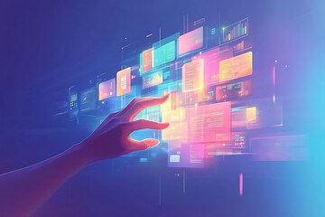 Human hand interacting with a futuristic holographic interface displaying data and charts