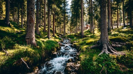 Fototapeta premium Forest Stream Landscape with Trees and Greenery