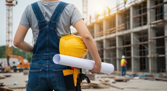 Back view of a woman standing at a construction site holding a helmet and drawings