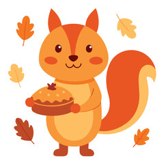 Adorable cartoon squirrel happily holding a freshly baked golden brown pumpkin pie in its paws autumn celebration