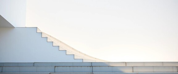 Modern concrete stairs ascend beside a smooth white wall,  construction,  solid