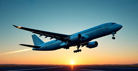 a plane taking off the runway with a beautiful sunrise