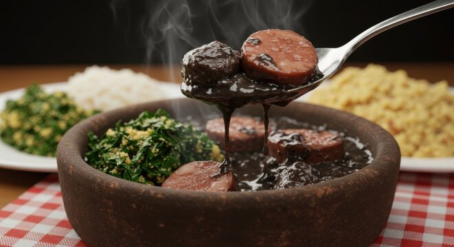 A close up of feijoada being served with greens rice and farofa on a checkered tablecloth