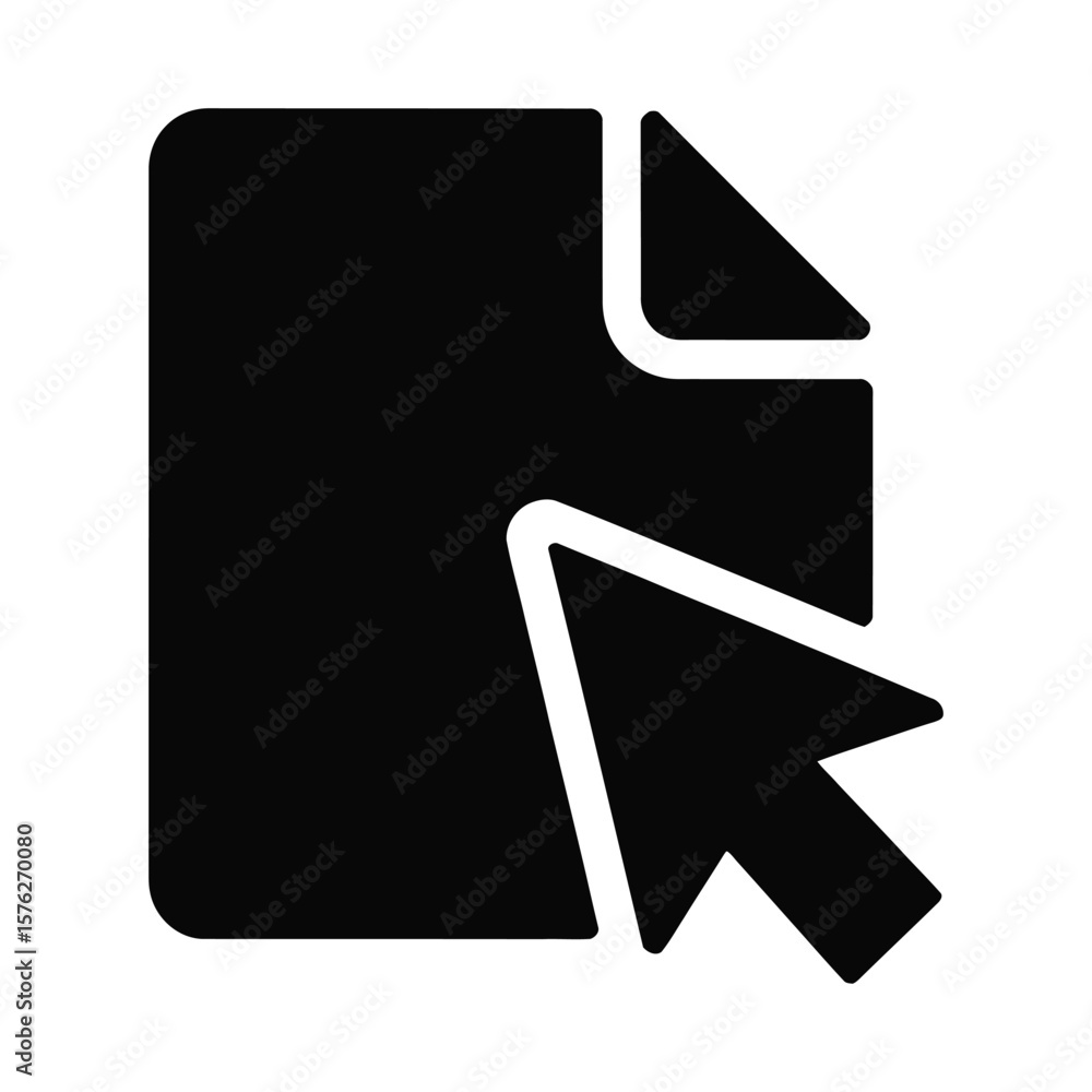 Poster black silhouette of a computer cursor interacting with a document icon isolated on white background