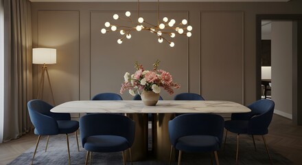 Elegant Dining Room with Statement Lighting and Cozy Chairs