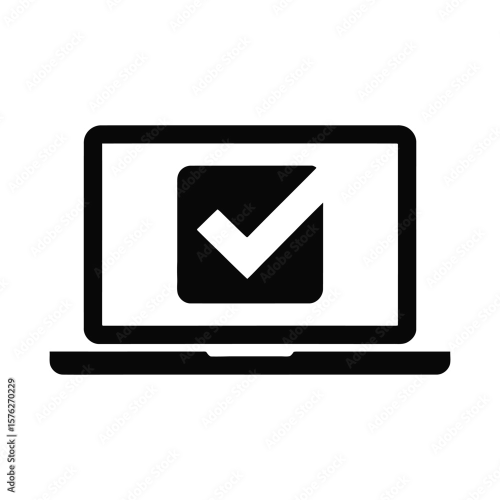 Aufkleber black silhouette of a laptop computer with a checkmark inside a square on the screen isolated on whi