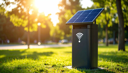 Solar-Powered Wi-Fi Hotspot: A modern, eco-friendly Wi-Fi hotspot, powered by a solar panel, stands in a lush park.