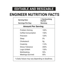 Engineer nutrition facts with 100% editable file for print in tshirt or others print able thinks to gift engineers as a fun