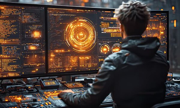 Person working at a computer station with multiple displays and control panels